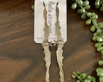 Giant Hanging Bat Earrings in Oxidized Brass // Handmade in USA