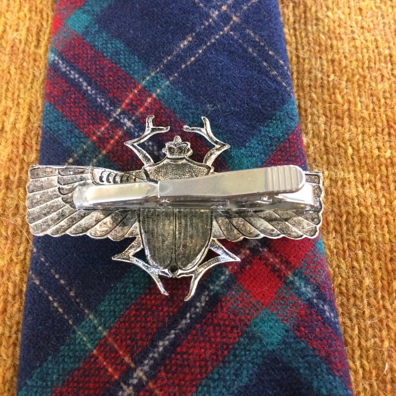 Giant scarab winged beetle tie bar clip handmade in the USA unique mens statement piece vintage antique brass dapper bug insect