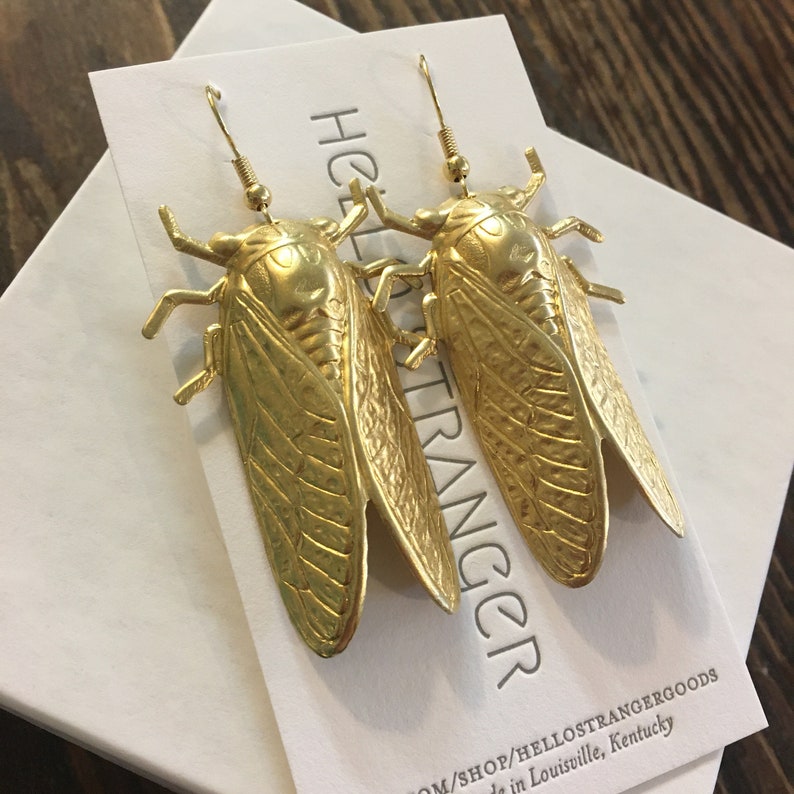 Handmade giant cicada Earrings // made in USA // gold plated ear wires // bug insect entomologist entomology image 4