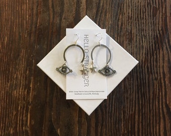 Silver starry Evil Eye crescent hoop Earrings // handmade in USA //  nickel free kidney ear wires // boho hippie festival jewelry gift