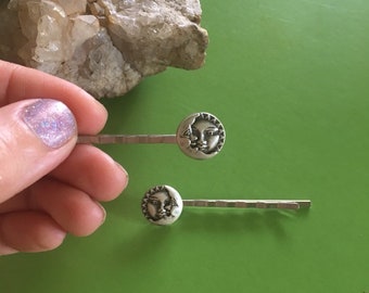 Handmade silver sun and crescent moon bobby pins // gift idea for her // fall back to school // celestial space 90s style fashion