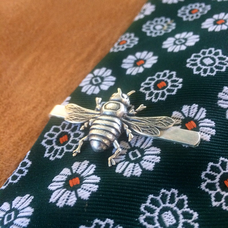 Vintage style silver bumblebee honeybee bee tie bar clip  handmade in the USA  unique unisex statement  mens for him Father/'s Day gift