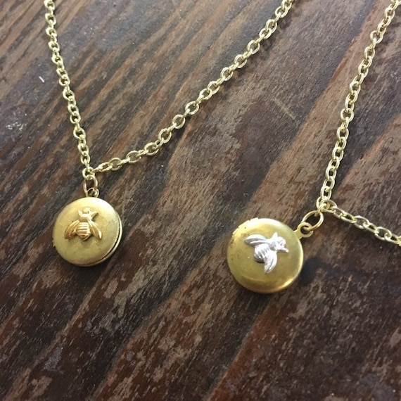Teeny tiny vintage style bee locket necklace on brass chain  handmade in the USA  gift under 30