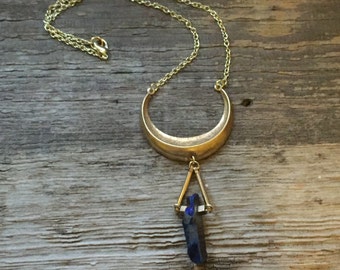 Peacock titanium coated quartz crystal and crescent moon necklace on gold plated chain // handmade in the USA // boho festival