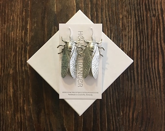 Handmade giant sterling silver plated cicada Earrings // made in USA // silver plated ear wires // bug insect entomologist entomology
