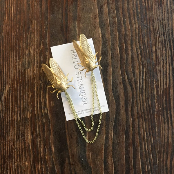 Handmade Large Brass Cicada collar pins // spirit animal lapel cardigan sweater clip broach // lead and nickel free //  gift idea under 20
