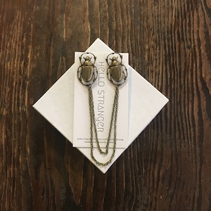 Handmade scarab beetle collar pins // bug insect lapel cardigan sweater clip broach // lead and nickel free