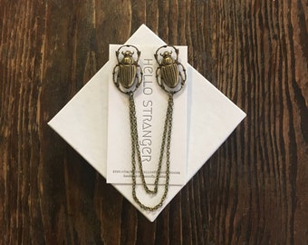 Handmade scarab beetle collar pins // bug insect lapel cardigan sweater clip broach // lead and nickel free