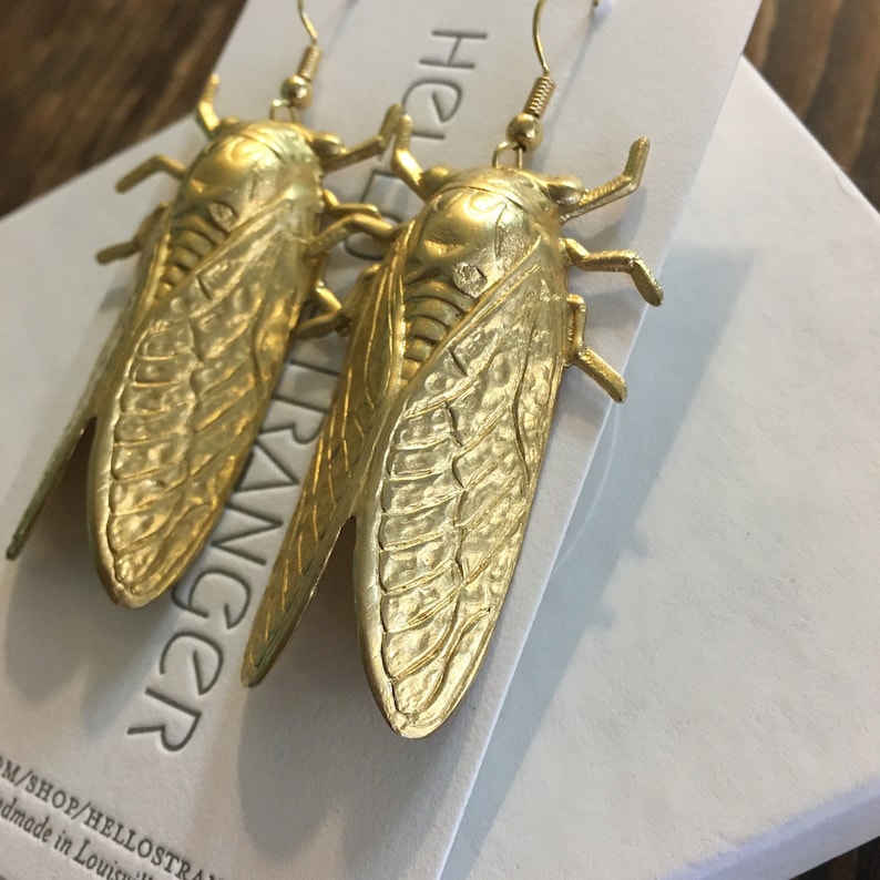 Handmade giant cicada Earrings // made in USA // gold plated ear wires // bug insect entomologist entomology image 3