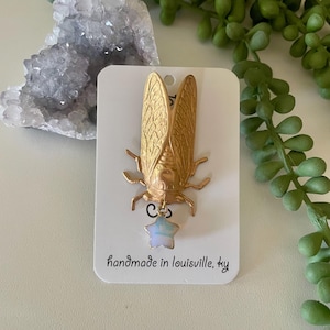 Handmade brass cicada with star collar pin brooch