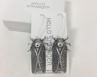 Handmade giant sterling silver plated cicada Earrings // made in USA // silver plated ear wires // bug insect entomologist entomology