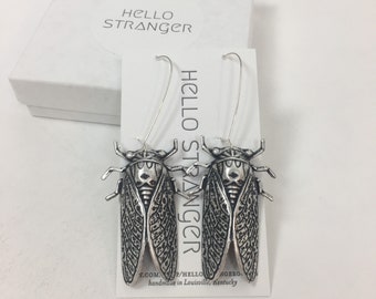 Handmade giant oxidized silver plated cicada Earrings // made in USA // silver plated ear wires // bug insect entomologist entomology
