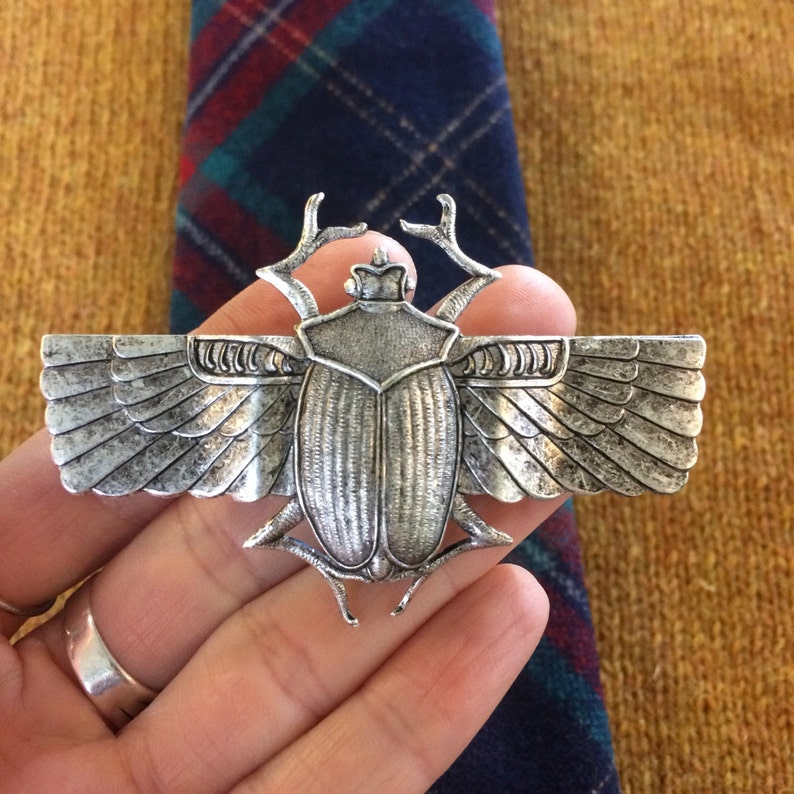Giant scarab winged beetle tie bar clip handmade in the USA unique mens statement piece vintage antique brass dapper bug insect