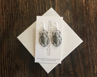 Handmade scarab beetle Earrings // made in USA // Egyptian winged insect bug // silver plated // boho steampunk holiday gift idea