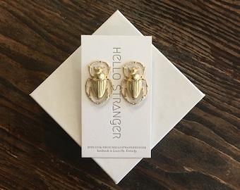 Handmade scarab beetle stud post Earrings // made in USA // Egyptian winged insect bug // lead & nickel free