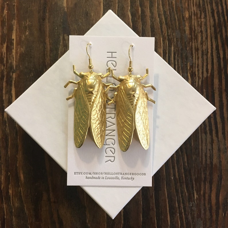 Handmade giant cicada Earrings // made in USA // gold plated ear wires // bug insect entomologist entomology image 5