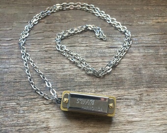 Real working mini harmonica charm necklace on silver chain