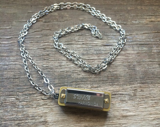 Real working mini harmonica charm necklace on silver chain