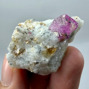 May include: A raw, uncut ruby crystal, with a vibrant pink hue, is embedded in a matrix of white and tan rock. The ruby's crystalline structure is visible. The rock has a rough, textured surface, showcasing natural mineral formations.