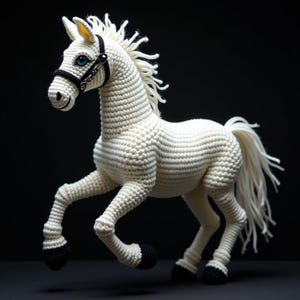 May include: A white crochet horse with a black bridle and hooves. The horse has blue eyes and a flowing mane and tail. The horse is posed mid-stride, giving the impression of movement.
