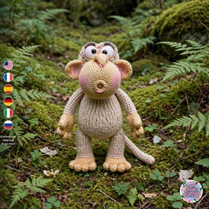May include: A beige crochet monkey doll with a prominent snout, pink-tinted cheeks, large white eyes with long black eyelashes, and a long tail. The doll features textured yarn construction, rounded ears, and distinct fingers and toes.
