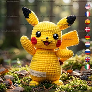 Virkmönster Gul Pika Pika, Amigurumi Plyschleksak För Barn Handledning, Virkmönster Seriefigur, Engelskt Mönster Amigurumi PDF