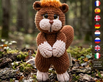 Wzór na szydełkowego bobra w formacie PDF: leśne zwierzę amigurumi, realistyczny pluszowy bóbr, do pobrania w wersji cyfrowej