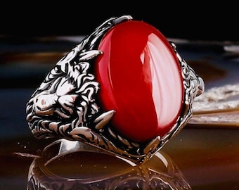 925 Sterling Silver Men’s Ring with Red Agate Stone and Lion Design
