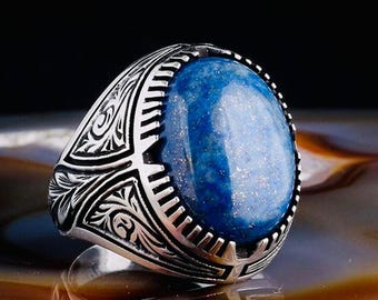 925 Sterling Silver Men’s Ring with Lapis Stone – Engraved Pattern