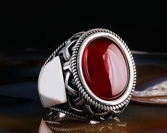 925 Sterling Silver Men’s Ring with Red Agate Stone – Oval Model
