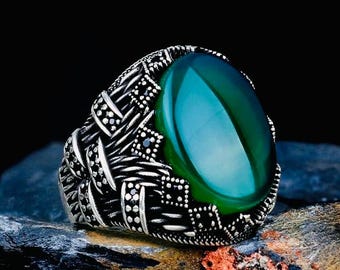 925 Sterling Silver Men’s Ring with Oval Agate Stone