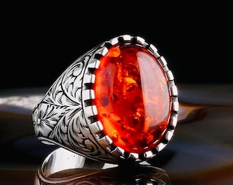 925 Sterling Silver Men’s Ring with Amber Stone and Handcrafted Carving Design