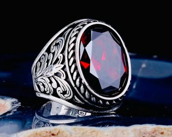 925 Sterling Silver Men’s Ring with Red Zircon Stone