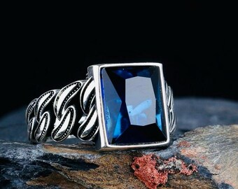 925 Sterling Silver Men’s Ring with Blue Zircon Stone – Woven Design