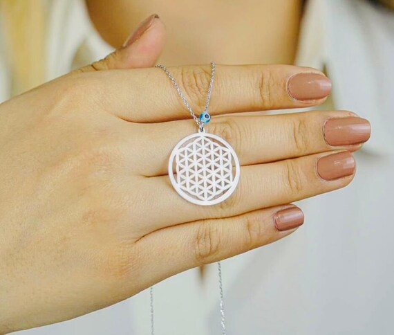 925 Sterling Silver Flower of Life Necklace: Evil Eye Pendant, Polished Finish