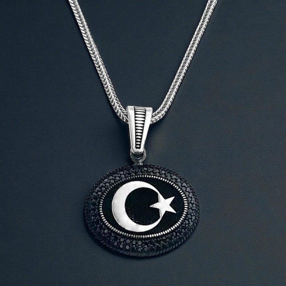 925 Sterling Silver Black Stone Crescent Star Necklace