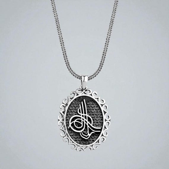 925 Sterling Silver Ottoman Tughra Mens Necklace