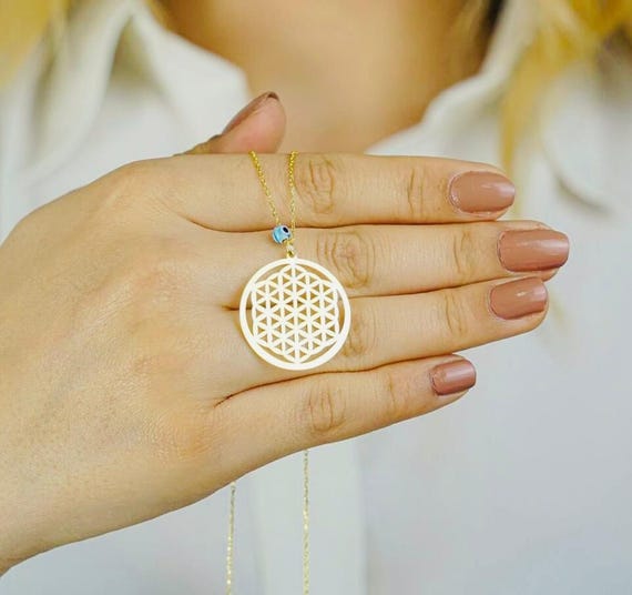 925 Sterling Silver Flower of Life Necklace with Evil Eye – Gold Plated