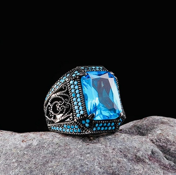 925 Sterling Silver Men’s Ring with Aqua Stone
