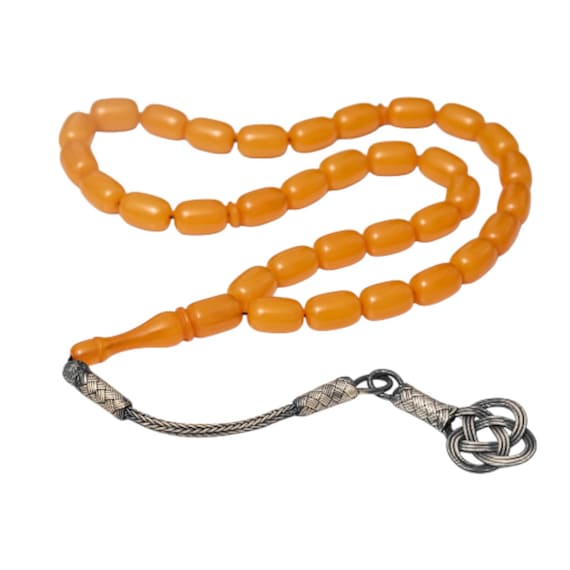 Silver Kazaz Tassel Amber Misbaha • Yellow Pressed Amber Prayer Beads • Handmade Capsule Tasbih 19g