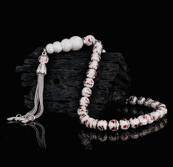 925 Sterling Silver Misbaha – Red Enamel with Zircon – 7.5 mm