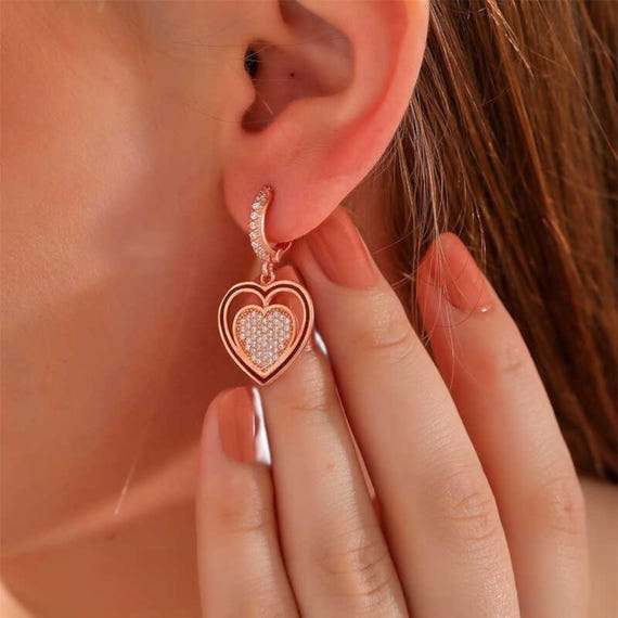 Rose Gold Heart Dangle Earrings for Women 925 Sterling Silver Cubic Zirconia Jewelry