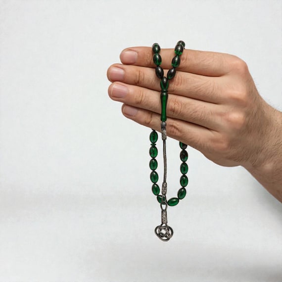 Green Pressed Amber Misbaha with 1000 Silver Kazaz Tassel – Handmade 33 Beads Tesbih