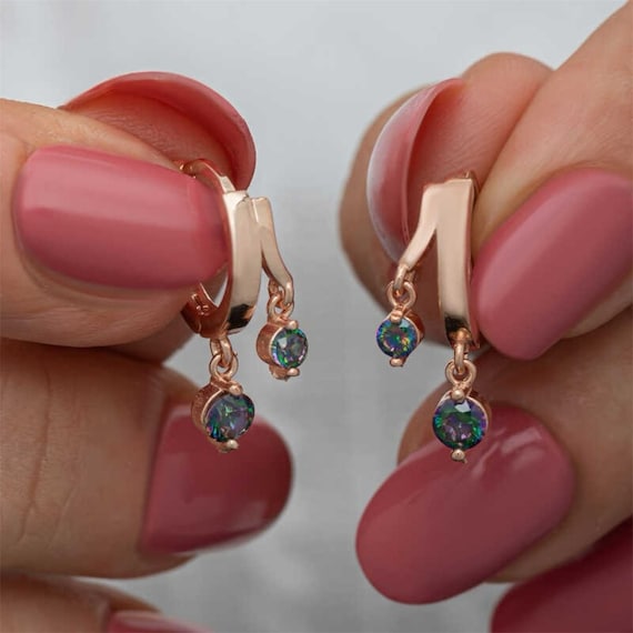Rose Gold Mystic Topaz Dangle Earrings for Women 925 Sterling Silver Handmade Jewelry