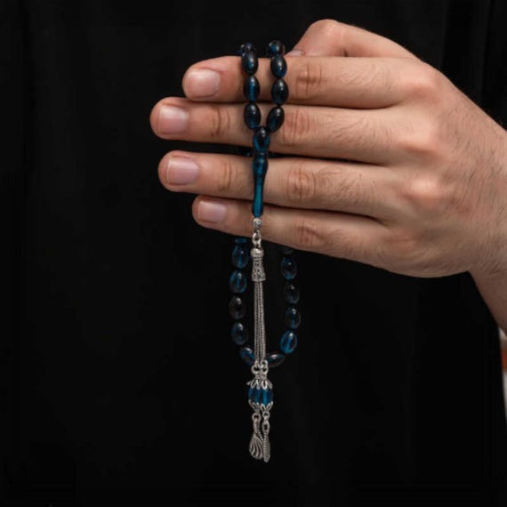 Silver Tassel Pressed Amber Prayer Beads Handmade Tasbih