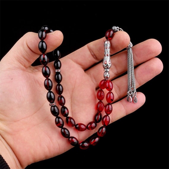 Fire Amber Tasbih 925 Silver Misbaha with Zircon Handmade Kehribar Prayer Beads