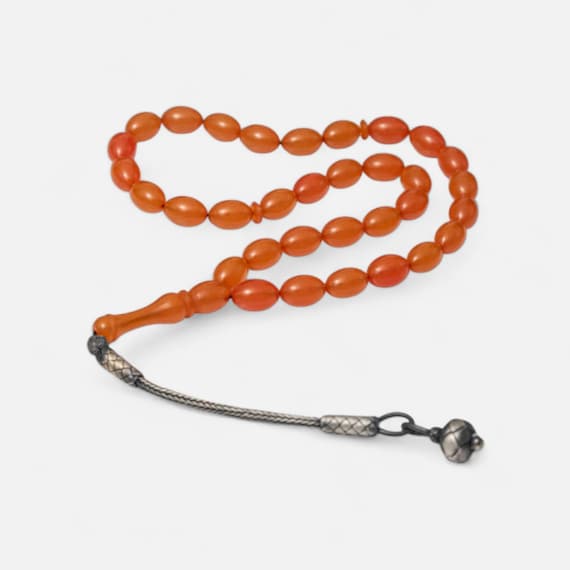 Handmade Orange Pressed Amber Tasbih with 925 Silver Kazaz Tassel | Islamic Prayer Beads