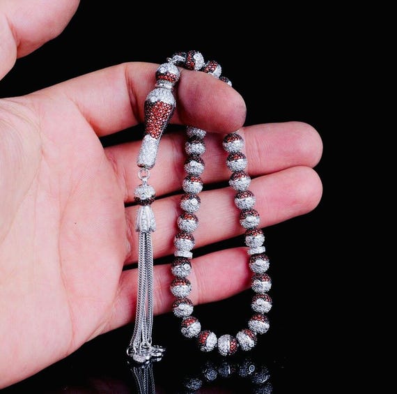 925 Sterling Silver Tasbih – Red White Zircon – 7.6 mm