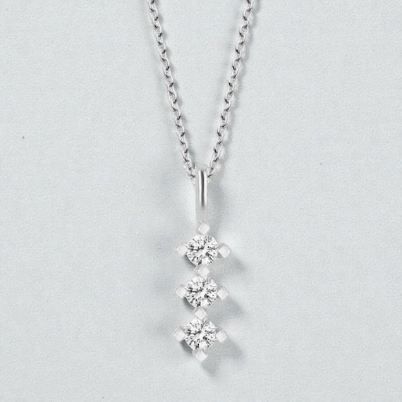 925 Sterling Silver Triple Stone Pendant Necklace • Dainty Sparkling Three Stone Gift for Her