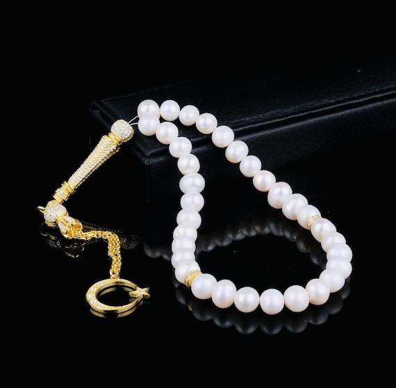 Gold Plated Ayyildiz Pearl Misbaha with Zircon Silver Tassel – 8 mm Beads